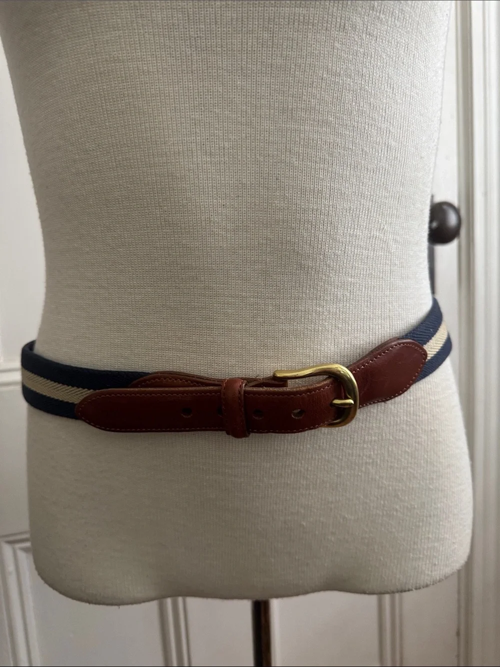 Coach Brown Leather Trim Navy and Cream Striped Belt